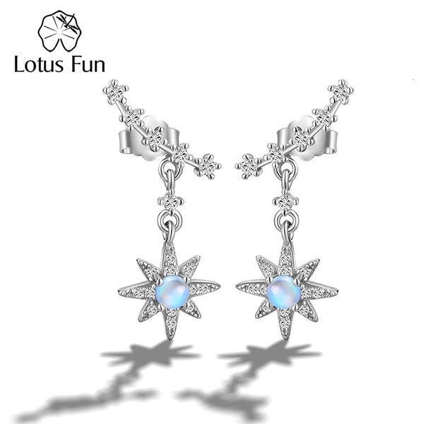 Stud Lotus Fun Prata Esterlina 925 Zircônia Azul Natural Pedra da Lua Oito Awn Estrela Brincos Longos Pendurados em Gota para Mulheres Jóias Finas 230721