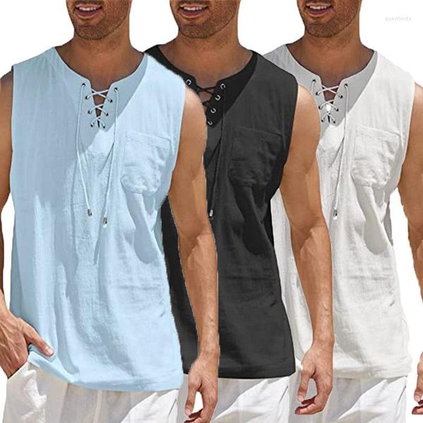 Regatas masculinas Camiseta verão sólida primavera sem mangas moda casual tubo reto medieval gola alta camisa pulôver