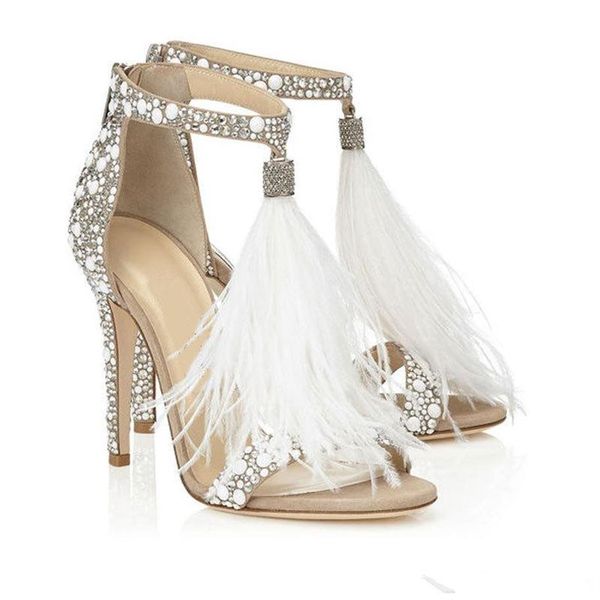 2020 moda piuma scarpe da sposa 4 pollici tacco alto cristalli strass scarpe da sposa con chiusura lampo sandali del partito scarpe per le donne Siz275L