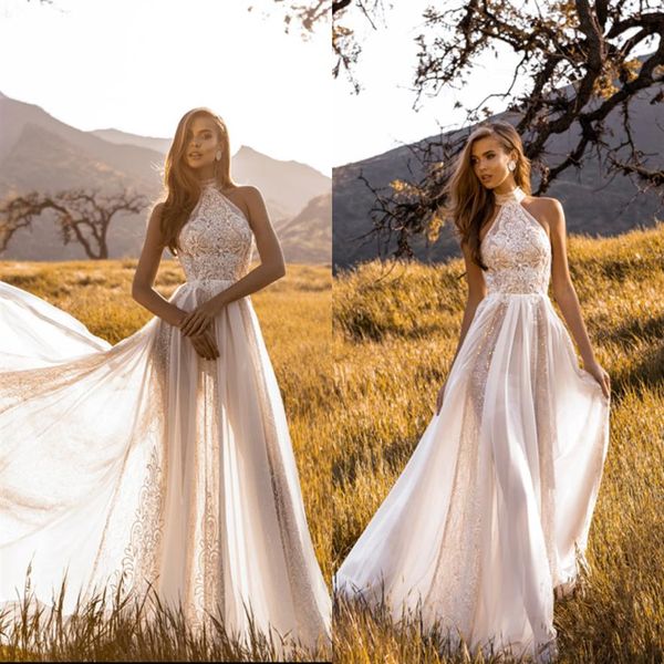 2019 Crystal Design Boho Abiti da sposa Halter Beach Applique in pizzo Abiti da sposa country Una linea Abiti da sposa lunghi su misura2722