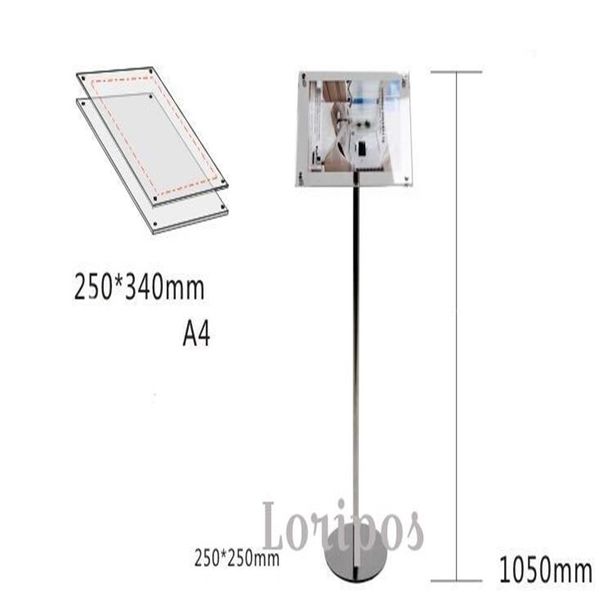 Suporte de sinal de pedestal de chão ajustável A4 Quadros de exibição de cartaz de sinal de acrílico Rack270n