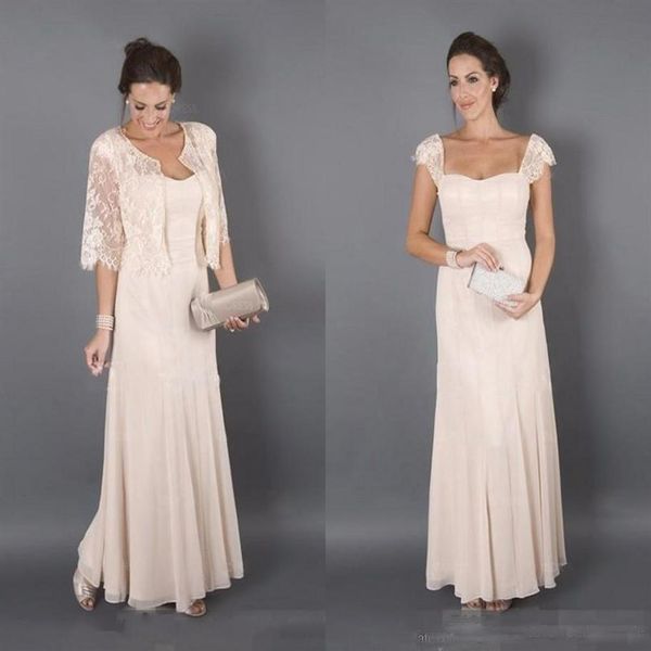 Abiti eleganti per la madre della sposa con abiti da cerimonia lunghi lunghi in chiffon di pizzo a maniche corte con giacche2921