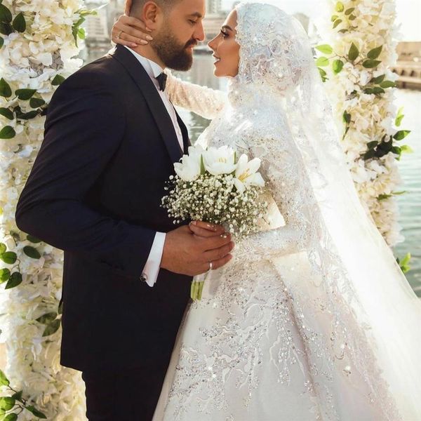 2021 nuovi abiti da sposa musulmani pizzo paillettes manica lunga vintage abiti da sposa con hijab plus size elegante vestido de novia2570