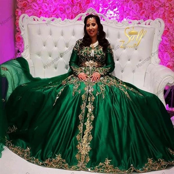 Elegante Verde Muçulmano Vestidos de Noite Formais Manga Longa Apliques Dourados Cristais Frisados Árabe Dubai Vestidos de Festa de Celebridade Marroquino273S