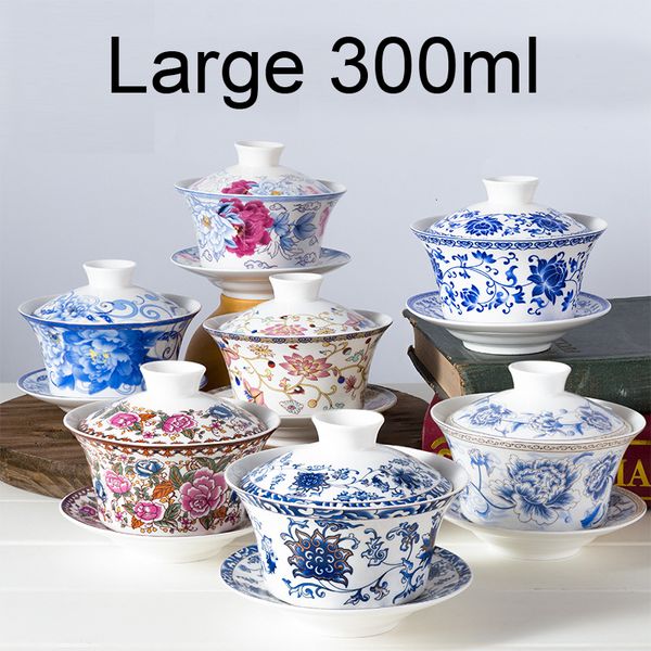 Conjuntos de utensílios de chá grandes 300 ML Bone China Gaiwan Bule de cerâmica com pires Tigela de chá pintada à mão Terrinas Chinês Kung Fu Cerimonial Set 230721