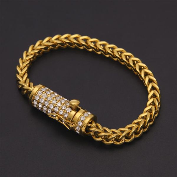 Caixa Fecho Fox Franco Link Pulseira 20cm Iced Out Strass Ouro Prata Corrente Preenchida Masculina Hip Hop Pulseira Jóias Brilhantes249J