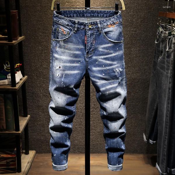 Jeans Masculino Streetwear Moda Masculina Retro Azul Elástico Ajuste Justo Calças Rasgadas Pintadas Designer Hip Hop Calça Denim Hombre