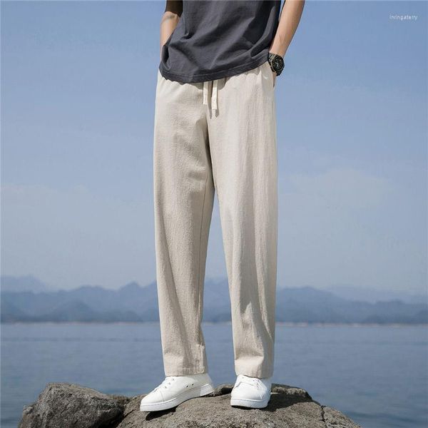 Pantaloni da uomo in morbido lino moda casual pantaloni estivi cotone sottile tinta unita traspirante sciolto dritto streetwear