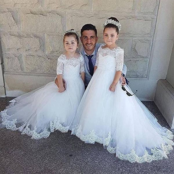 Abiti da ragazza di fiori in pizzo di classe con mezze maniche per matrimoni Appliqued Little Girls Pageant Dress Tulle Sweep Train A Line Commu2560