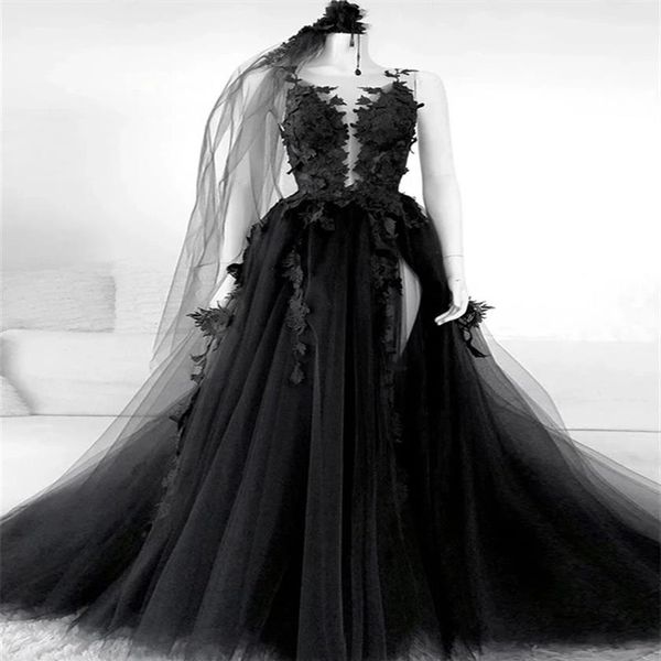 Gothic-Stil, schwarze Spitze, Brautkleider, Blumenapplikationen, Tüll, A-Linie, sexy, rückenfrei, Vintage-Design, 2021, Brautkleider, Übergröße, 205S