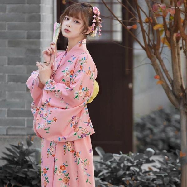Abbigliamento etnico Per donna Stile giapponese Abito lungo Rosa Color tradizionale Kimono con Obi Costumi Cosplay Pography Wear Formale Yukata Robe