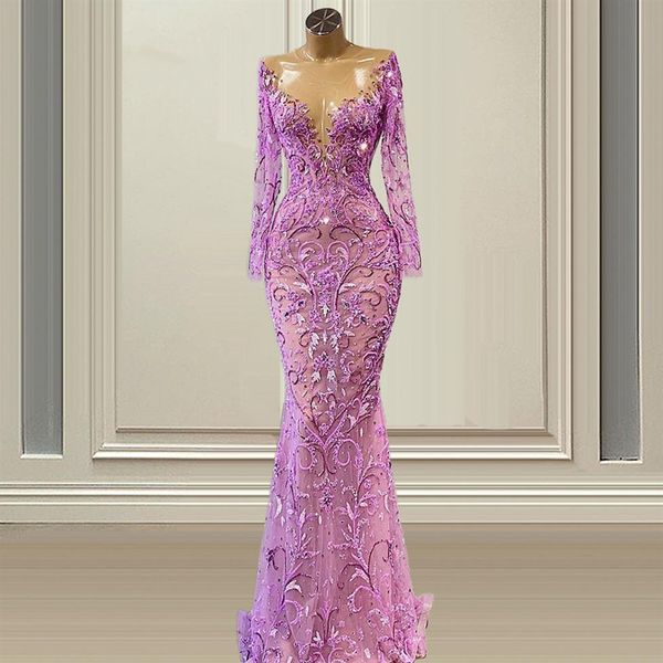 Glamous Meerjungfrau Abendkleid 2022 Spitze Langarm Perlen Prom Kleider Illusion V-ausschnitt Formale Kleider Vestidos De Novia258V