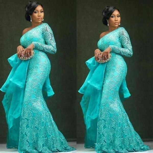 Aso Ebi Plus Size Abiti da sera turchesi Peplo Una spalla Mermaid Abiti da ballo in pizzo Abiti da festa africani Dubai2571