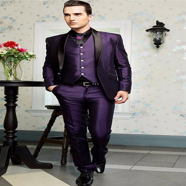 Mükemmel damat smokin Shinny Mor Mens Düğün Smokin Şal Lapel Man Ceket Blazer Moda 3 Parça Suit Jakket Pantolon Ti244u