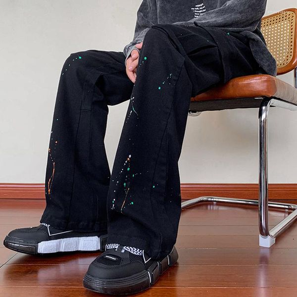 Jeans masculino respingo de tinta com manchas de tinta solto reto preto calças cargo
