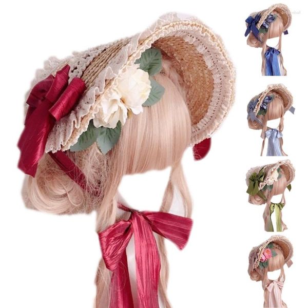 Geniş Memlu Şapkalar Zarif Fransız Şapka Bonnet Dantel Çiçek Şeridi Düz Üst Güneş Koruyucu Saman Aksesuarları Doğum Günü Hediyeleri