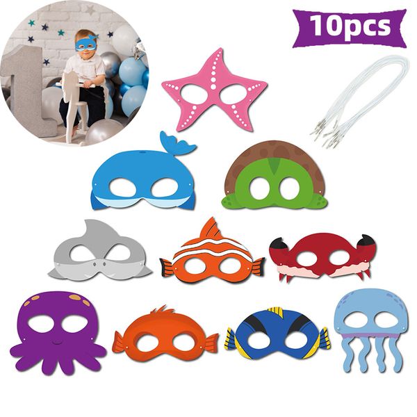 10 Pz / lotto Maschere per feste di compleanno per bambini Maschera a tema oceano Polpo Squalo Granchio Stelle marine Maschere per animali marini svegli Maschera per foto di compleanno