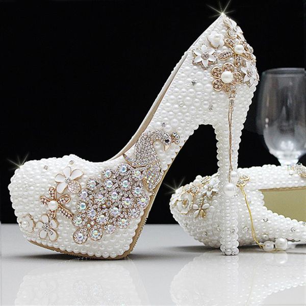 Moda luxo pérolas cristais strass branco marfim sapatos de casamento tamanho 12 cm salto alto sapatos de noiva festa formatura sapatos femininos303v