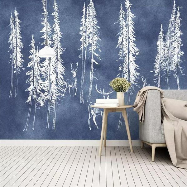 Sfondi Carta da parati decorativa Stile di pittura nordica Cartone animato Foresta Albero Alce Sfondo pastorale Muro