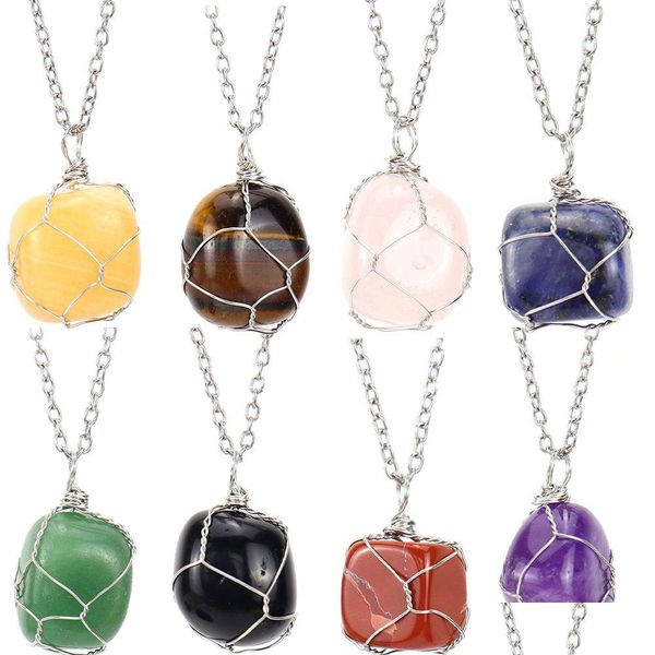 Подвесные ожерелья Sier Natural Stone Wire Wired Irgar Amethyst Rose Quartz Crystal Agate Jewelry Accessory Drop Delive Pendan dhmp3