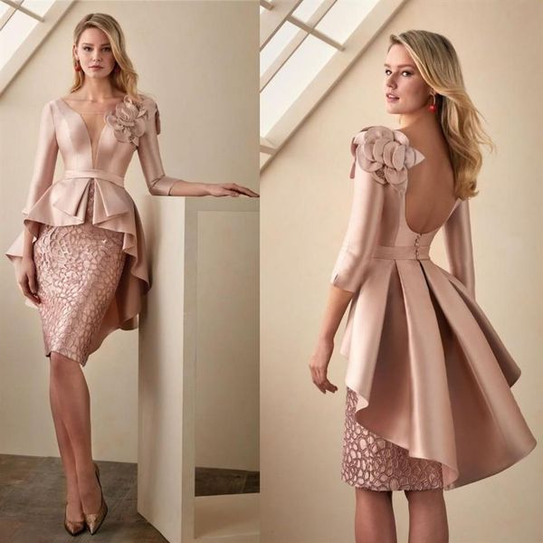 Guaina in oro rosa Abiti per la madre della sposa 3/4 Maniche lunghe Pizzo con applicazioni floreali Lunghezza al ginocchio Abito da cerimonia nuziale Prom senza schienale 2885