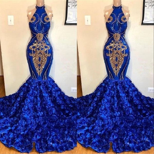 Royal Blue Mermaid Prom Dresses 2019 Rose Flowers Gonne Lungo Cappella Treno Halter Abiti da sera africani Applique oro Perline Formale314x