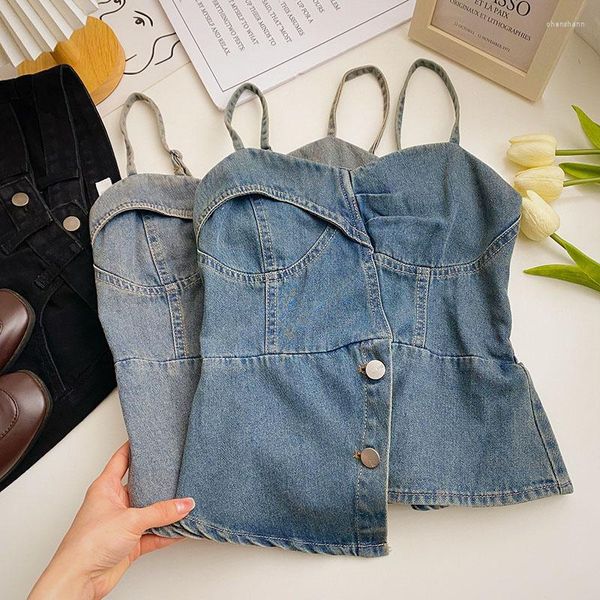 Damen Tanks Chic Crop Top Für Frauen Ärmellose Denim Tank Tops Jeans einreiher Sommer Camis Weibliche Streetwear Koreanische mode