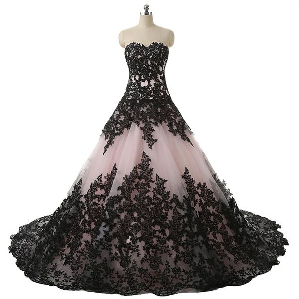 Kızarma pembe siyah gotik balo elbisesi gelinlikler tatlım dantel aplikeler vintage gelinlikler beyaz düğün renkli258c