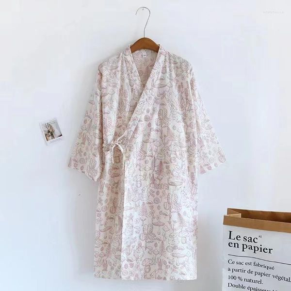 Indumenti da notte da donna Camicia da notte estiva a maniche lunghe Kimono giapponese con stampa di funghi Accappatoio da donna in garza di cotone
