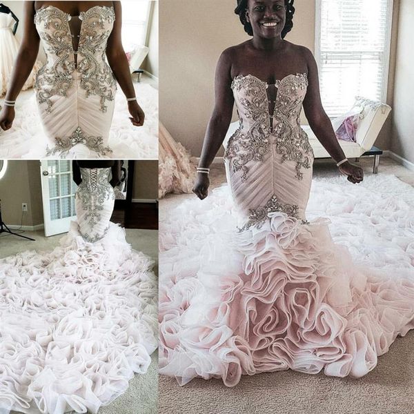 babados em cascata vestidos de noiva sereia cristal plus size espartilho com cadarço africano brilhante vestido de noiva igreja301L