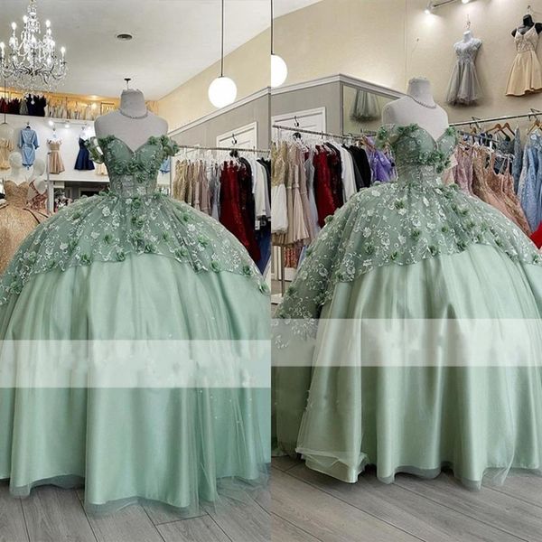 Abiti Quinceanera verde salvia Charro 2023 Vedi anche se Top Abiti da ballo per le donne Al largo della spalla Fiori 3D Pizzo floreale Tulle Sweet2337