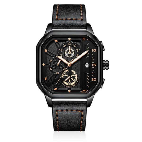 Cool Black NEKTOM Brand Hollow Out Orologi da uomo Orologi al quarzo accurati Cinturino in pelle Luminoso quadrante quadrato Orologi da polso238y