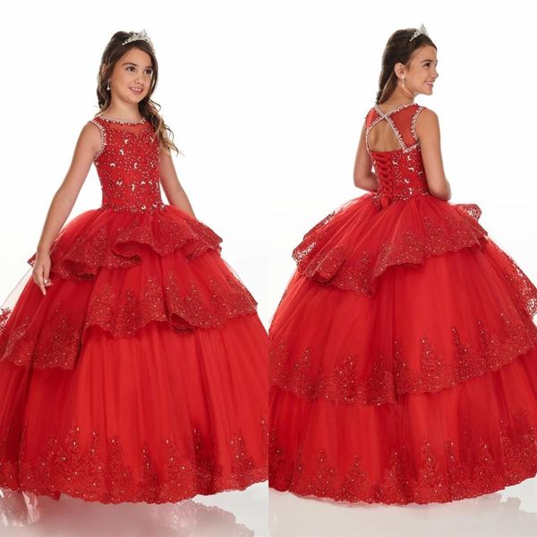 Vestido de Baile de Três Camadas Vermelho com Babado Mini Vestidos de Quinceanera Concurso Meninas Renda Miçangas com Cadarço Jóia Vestido de Festa para Menina Flor Graduati223H
