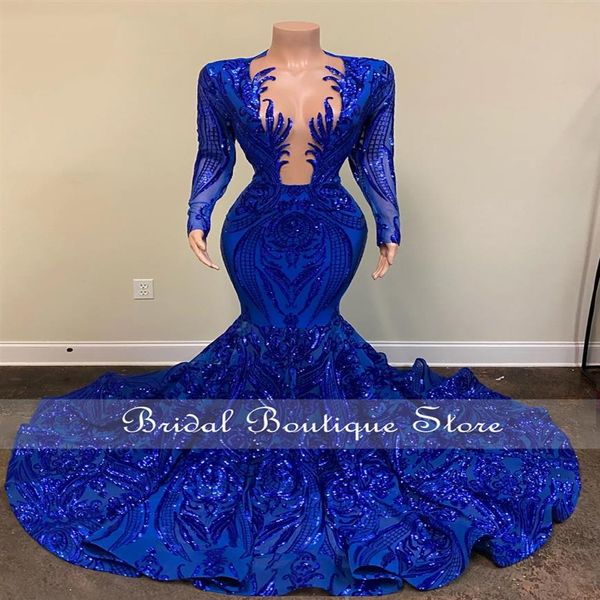 Vestido de baile de formatura sereia azul real brilhante 2022 para meninas negras Aso Ebi Vestido de festa Africano Vestidos de noite formal Robe De Bal 04246f