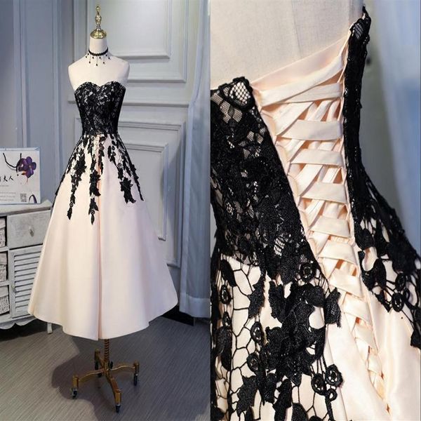 Sexy champanhe cetim preto renda chá comprimento curto vestido de noiva barato uma linha querida espartilho costas ruched vestidos de noiva casamento rea3302