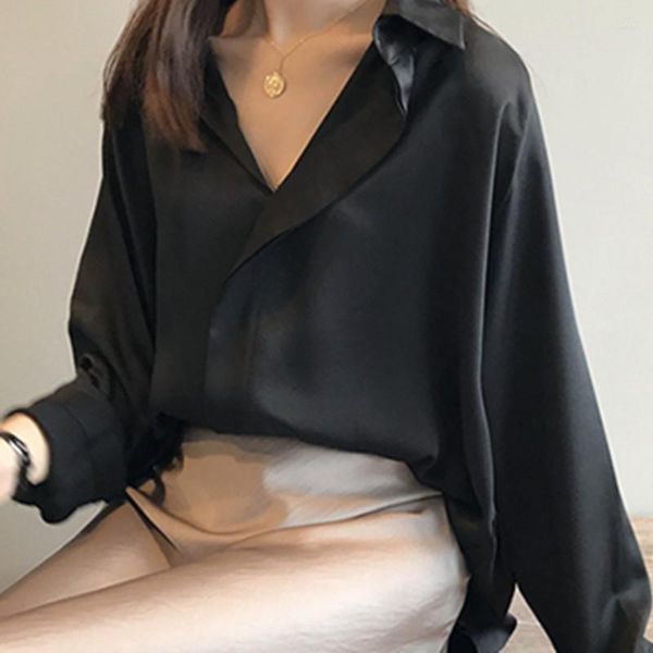 Blusas femininas primavera com decote em V folgado top de seda preto coreano casual cor sólida manga longa cardigã lapela camiseta feminina de escritório