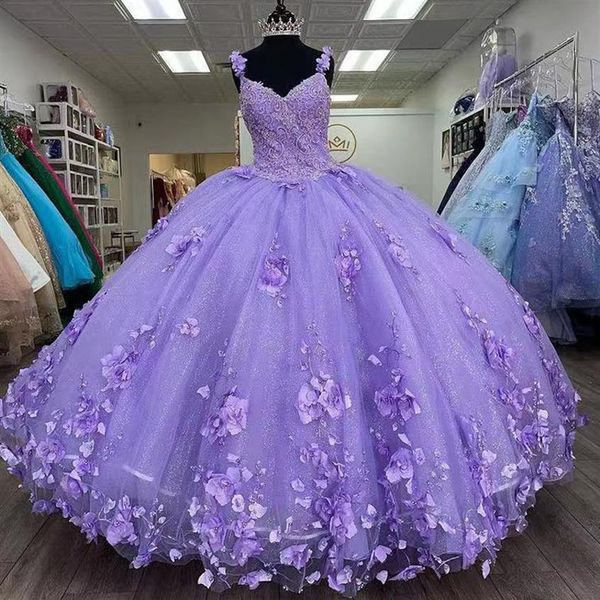 Блеск фиолетовых платьев Quinceanera Spaghetti Strap с обертыванием Sweet 15 платьев 3D Flower Bead Vestidos 16 выпускной вечеринок 3012