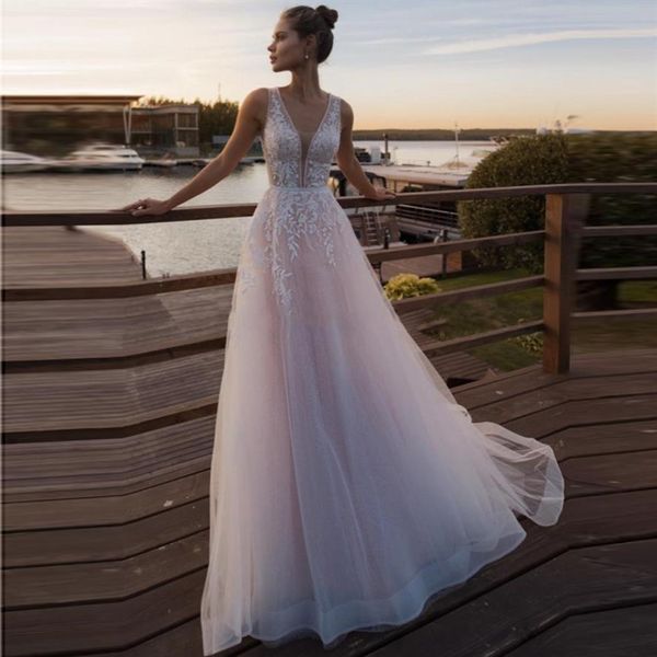 Abiti da sposa con scollo a V in pizzo a-line 2020 Abiti da sposa primaverili senza maniche lunghi senza schienale formale Abiti da sposa sexy personalizzati online Robe De M2561