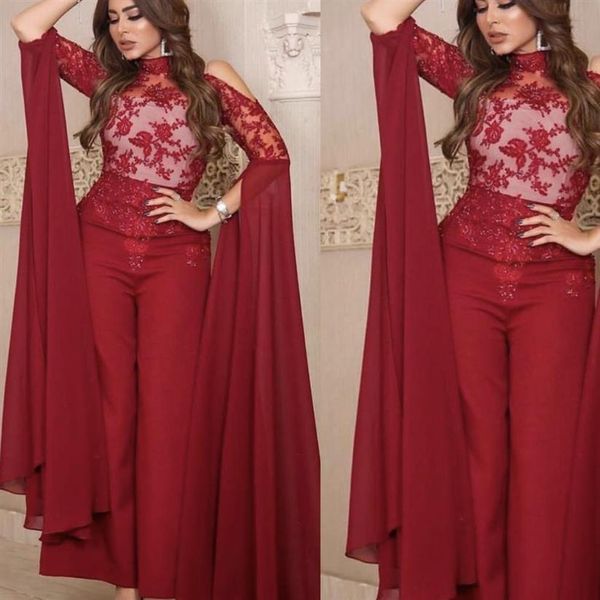 Borgogna pizzo tute da donna abiti da sera Dubai moda collo alto pantaloni per matrimoni maniche lunghe pizzo madre della sposa Dres265H