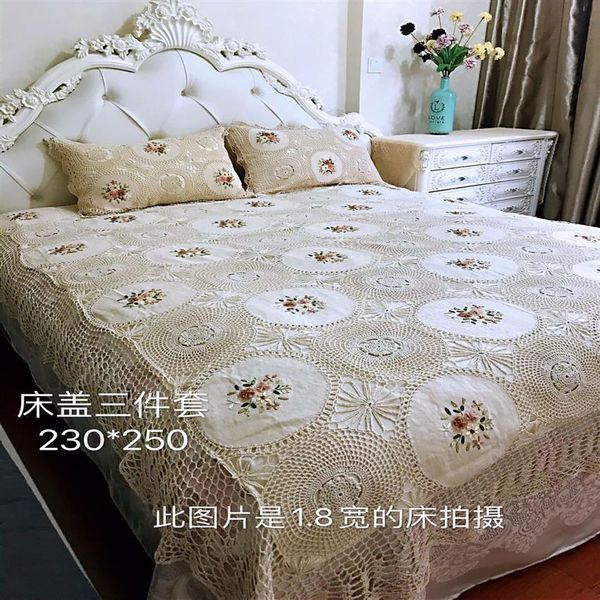 Conjunto de colcha de cama de crochê feito à mão BEGE Roupa de cama de algodão de luxo 3 pçs Conjuntos de capa de cama Fronha Super KING 230x250cm Cobertura de cama2510