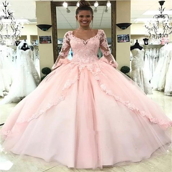 Designer maniche lunghe abito da ballo abiti quinceanera treno pizzo appliques perline tulle principessa compleanno abiti da festa dolce 16 abito 245p