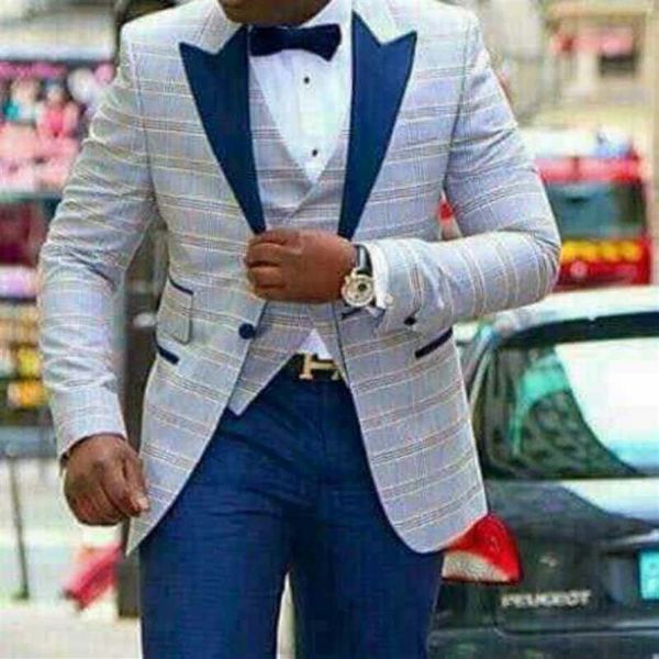 Alta qualidade um botão azul claro xadrez casamento noivo smoking lapela pico padrinhos jantar masculino ternos jaqueta calças colete gravata250l