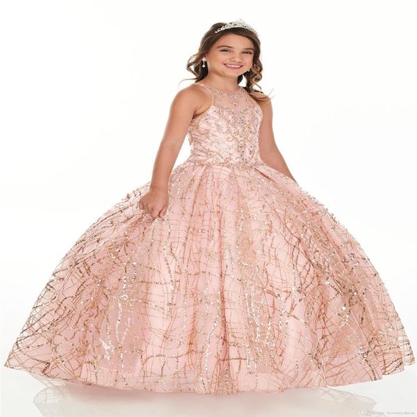 2020 Bling Rose Gold Mini Quinceanera Pageant Kleider für kleine Mädchen Glitzer Tüll Juwel Strass Perlen Partykleid Kleinkind 205J