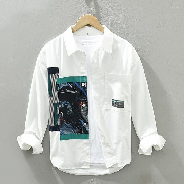 Männer Casual Hemden 2023 Frühling Weiße Abstrakte Muster Drucken Langarm Mode Patchwork Koreanischen Stil Streetwear Lose Top Männlich