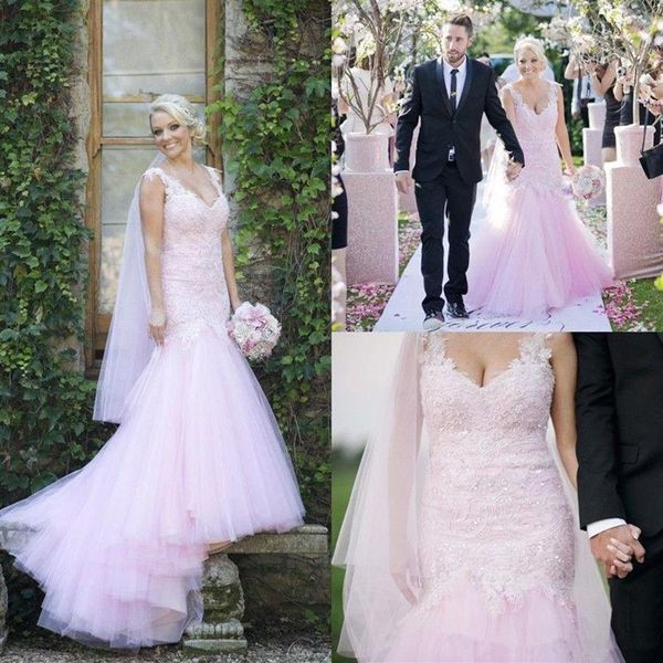 Nueva sirena romántica luz rosa pálido vestidos de novia con cuentas de encaje de lentejuelas tul apliques hechos a mano manga casquillo vestidos de novia personalizados 199j