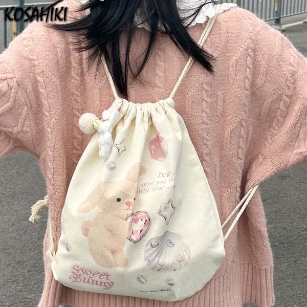 Mochilas escolares desenhos animados doce japonês kawaii ombro Y2k estética bonito coelho impressão mochilas Harajuku Ins cordão formal mochilas escolares 230721