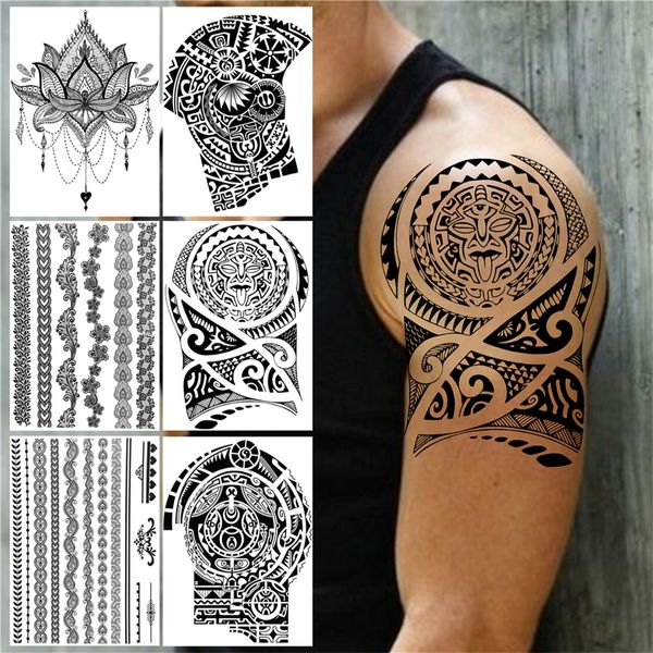 Grandi tatuaggi temporanei totem tribali per uomo donna adulto tatuaggio all'henné loto adesivo finto fiore di pizzo nero body art tatuaggi braccio