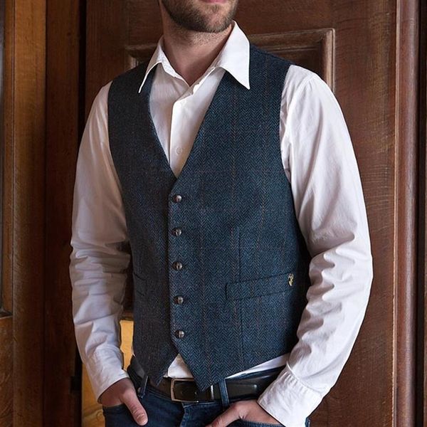 2019 Gilet da sposo rustico per Country Farm Wedding Gilet in tweed di lana a spina di pesce Groomsmen Abbigliamento Slim Fit Abito da uomo Prom Waist278A