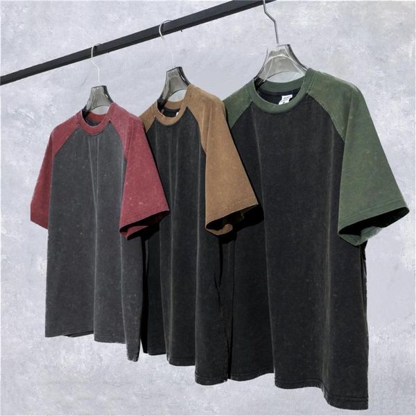 Camisetas masculinas masculinas retrô com cores contrastantes e listradas camiseta raglã de algodão de ajuste relaxado