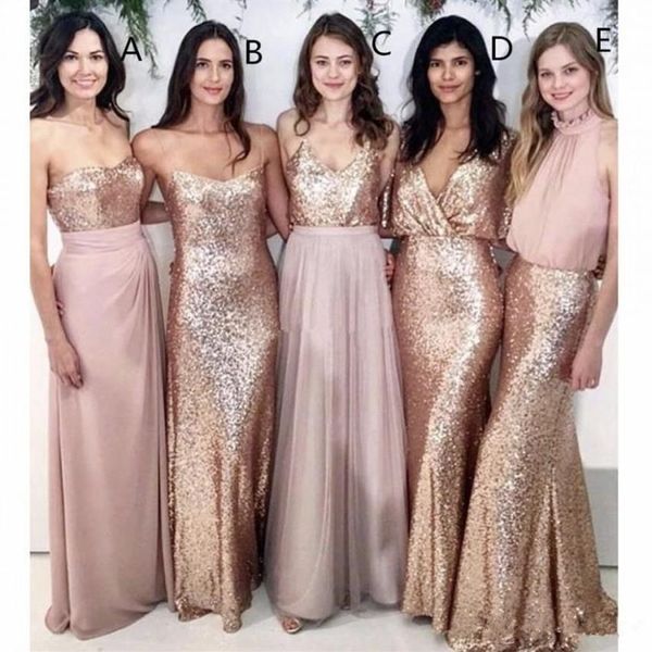 Modest Blush Pink Beach Wedding Abiti da damigella d'onore con paillettes in oro rosa Abiti da damigella d'onore da sposa non corrispondenti Abiti da donna Party Formal242A